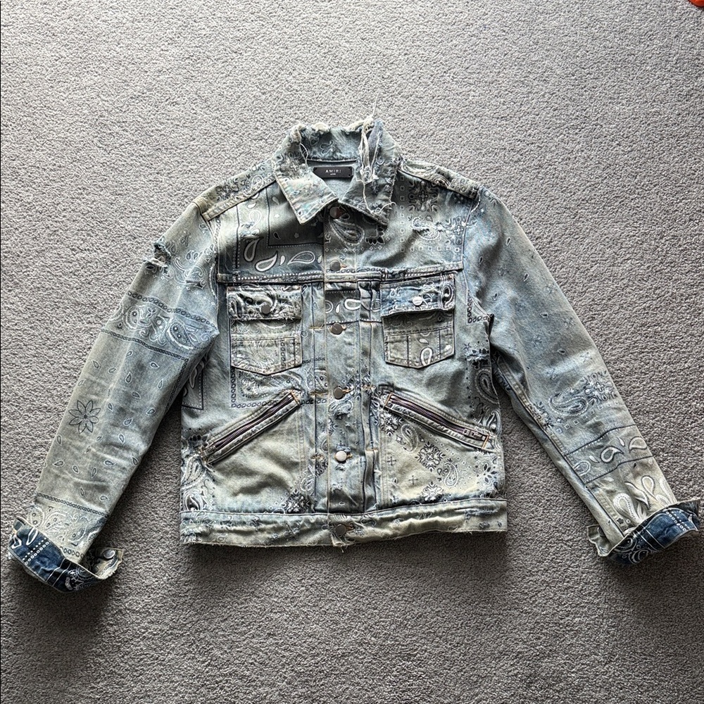 Amiri Distressed Light Blue Paisley Denim Jacket - Men